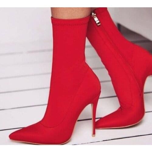 Drop Shipping Brand Woman Hot Fashion Blue Black Yellow White Red Suede Zipper Pointed Toe Thin Heels Mid-calf Short Boots