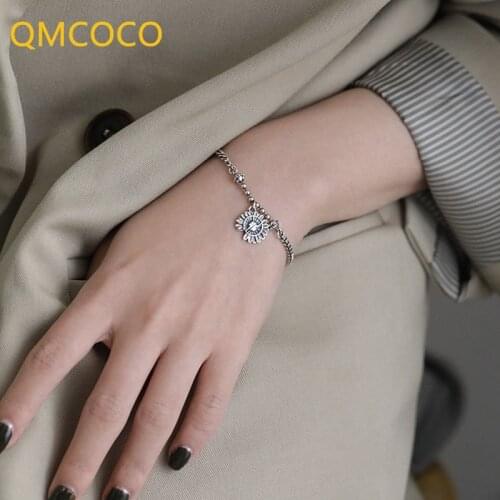 QMCOCO Korean INS Style 925 Silver Bracelet Simple Personality Fashion Design Black Wrinkled Chrysanthemum Bracelet Woman Gifts