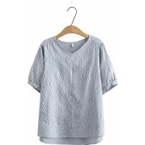 Plus Size XL-4XL V-neck Tops Women Plaid Short Sleeve Summer Tshirts Large Size Vintage Shirts