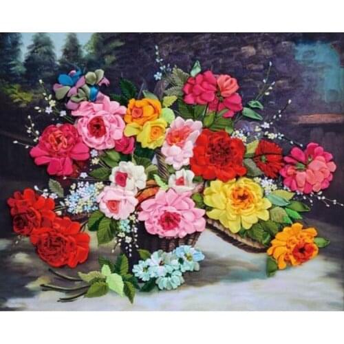 Needlework,DIY Ribbon Cross stitch Sets for Embroidery kit,Love Rose flower floral ribbon Cross-Stitch handwork wedding kit