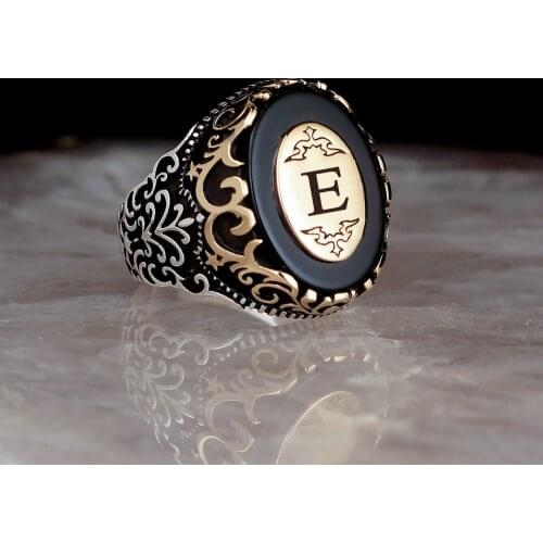 Personalized Letter Onyx Gemstone 925 Sterling Mens Silver Ring