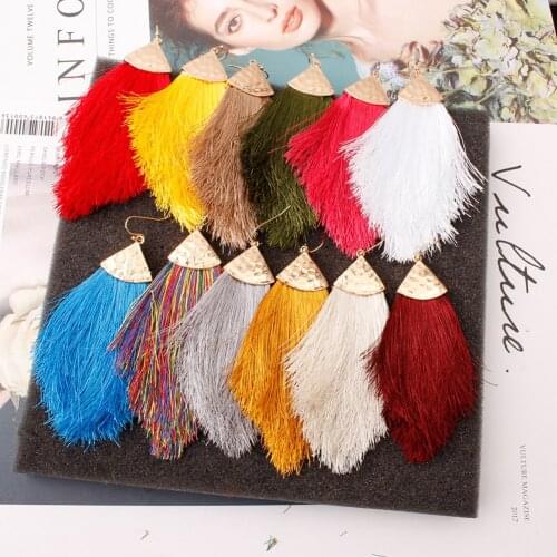 Solid Color Vintage Boho Silk Tassel Hook Drop Earrings 2019 Fan Shape Blue Fringe Earrings For Women Fashion Ethnic Jewelry