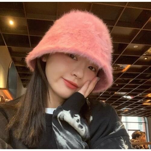 Outdoor Winter Cute Girl Women Rabbit Plush Hat Japanese Style Faux-Fur Furry Fluffy Bucket Fisherman hat