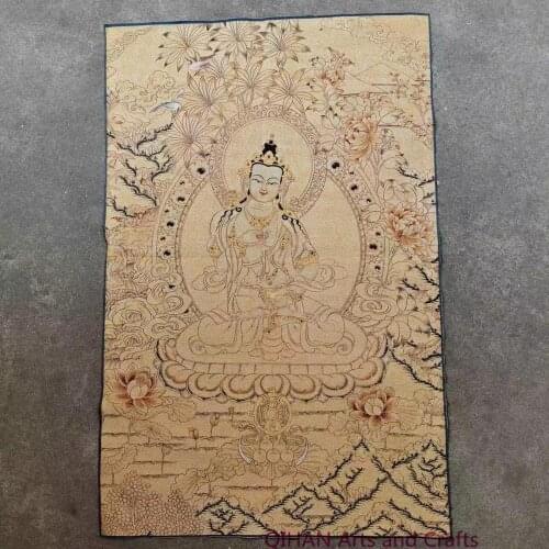 Huang tara guanyin Buddha thangka brocade silk embroidery painting
