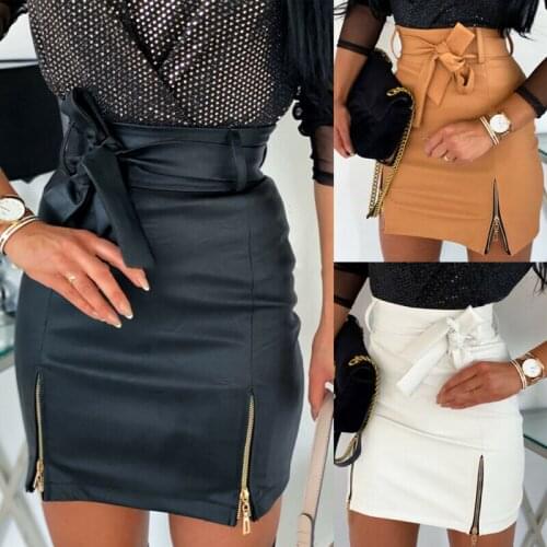 Sexy Women Pu Leather Pencil Bodycon Skirt Zipper Mini Short Skirt For Women Solid Black White Khaki High Waist Skirt With Belt