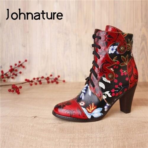 Johnature Genuine Leather High Heel Boots Hand-painted Round Toe Women Shoes 2021 New Embossing Cross-tied Retro Platform Boots