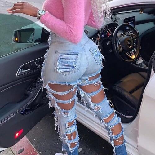 Women Sexy High Waist Hollow Out Ripped Denim Pants Jeans