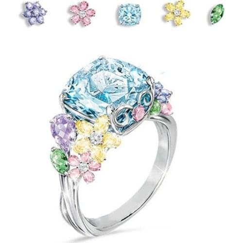 Luxury pink Sky blue Stone crystal Rings For Women Sliver Color Wedding Engagement flower Rings