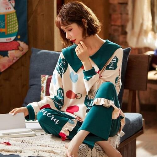 Women Pajamas Set Autumn Doll Collar Princess Style Cute Print Long Sleeve Sleepwear Young Girls Comfortable Cotton Home Clothes