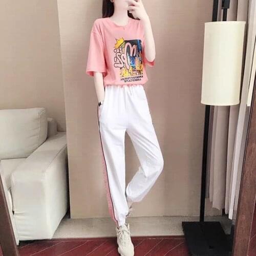 Women Summer Set 2021 New Printing Sportswear Womens Fashion Loose Sports Leisure Two-Piece Suit Morning Running Sports Suit C