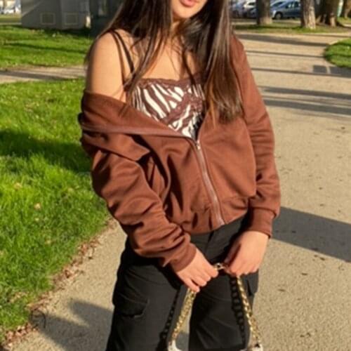 Women Vintage Casual Zip Up Sweatshirts Autumn Winter Long Sleeve Hoodies with Pocket 90s Coat Top Y2K Female Streetwear