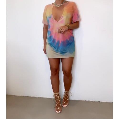 SKMY Women Clothing Summer Dress Party Sexy Tie-Dye Printed Deep V Low-Cut Casual Loose Short Sleeve Mini Dress Streetwear
