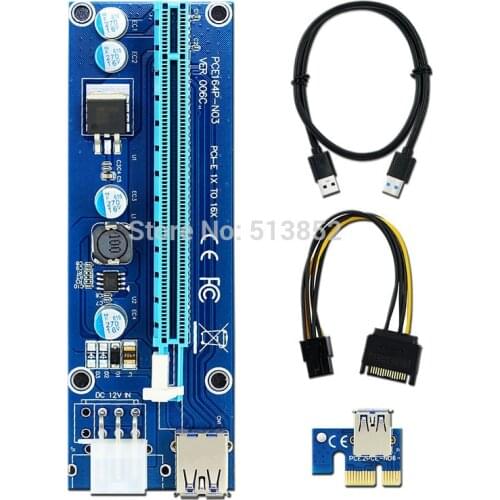 006C PC PCIe PCI-E PCI Express Riser Card 1x to 16x USB 3.0 Data Cable SATA to 6Pin IDE Molex Power Supply for BTC Miner Machine