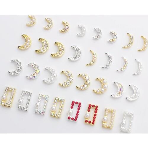 10Pcs Crystal Nail Art Charms Moon Shaped Rhinestones Gold/Silver Pendant For Nail Art Decoration Manicure Strass Jewelry Charms