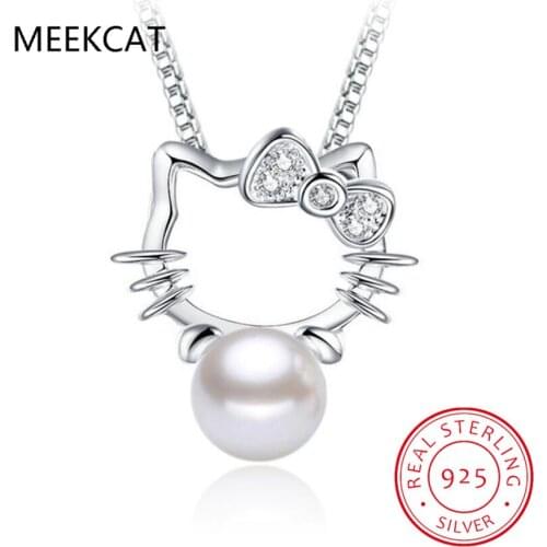 925 Sterling Silver New Woman Fashion Jewelry High Quality Crystal Zircon Pearl Kitty Pendant Necklace Length 45CM