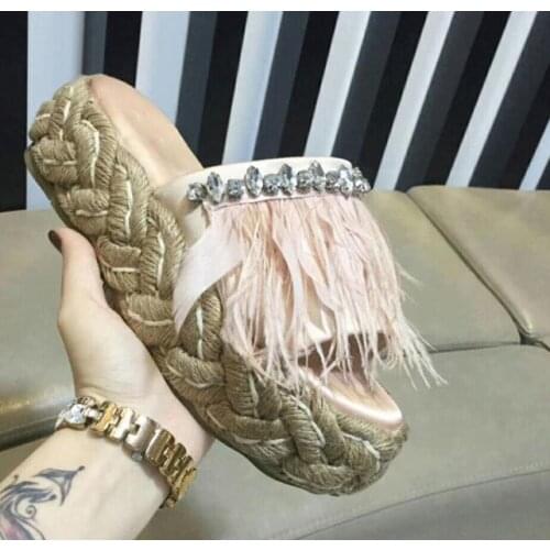 Carpaton Fashion Crystal Embellished Feather Sandal for Woman Sexy Open Toe Rope Braided Flat Platform Slippers Pink Black Shoes