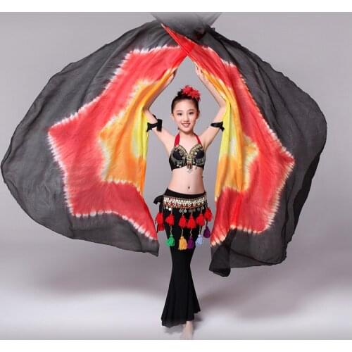Children Dance Props 100% Silk Stage Performance Colored Wings with Sticks Half Circle Belly Dance Silk Veils for Girls