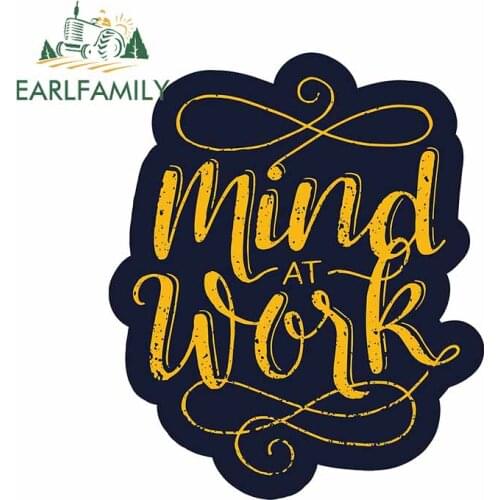 EARLFAMILY 13cm x 10.7cm for Mind At Work Warning Slogan Occlusion Scratch Car Sticker Cartoon Decal for Bumper Motorcycle VAN