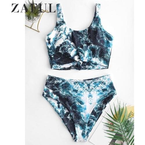 ZAFUL Seawater Print Knot High Waisted Tankini Swimsuit
