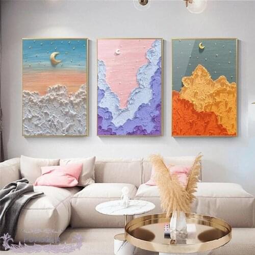Moon Star Beach Mountain Poster Nordic Abstract Pink Blue Landscape Oil Painting Print On Canvas Wall Art Kawaii Room Decor