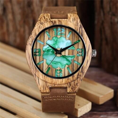Novel Carving Arabic Number Dial Walunt Wood Clock Casual Men Nature Wood Wristwatch Soft Genuine Leather Strap Timepiece Gift