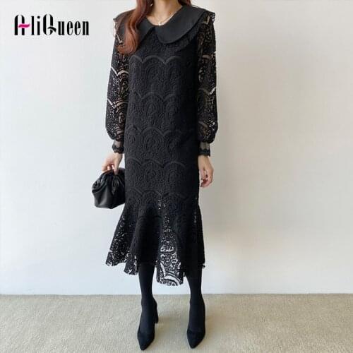 Spring Korean Long Sleeve Peter Pan Collar Embroidery Women Long Lace Dress Elegant Vintage Mermaid Party Dresses Plus Size 4XL