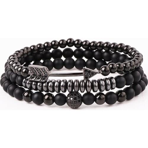 New Fashion Natural Stone Matte Onyx CZ Pave Arrow Ball Charm Beads Elastic Bracelet Set For Men