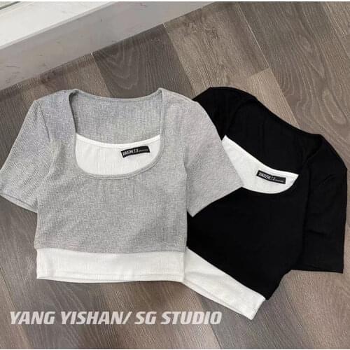 Cotton summer new products fake two-piece splicing T-shirt Slim all-match niche senior compassionate womens navel outfit