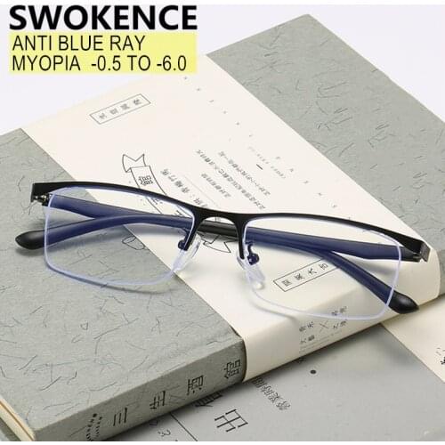 SWOKENCE Myopia -0.5 to -6 Customizable Anti Blue Light Prescription Glasses Women Alloy Half Frame Nearsighted Spectacles F019