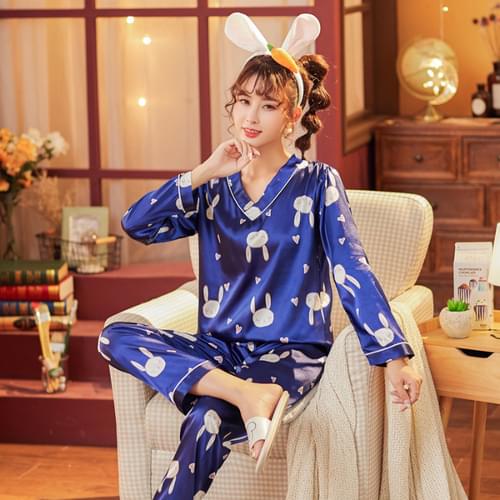 Pajamas for Women 2021 Spring Summer Womens Silk Pyjamas Long Sleeve Loose Print Thin Women Sleepwear Set Long Pants Home Wear