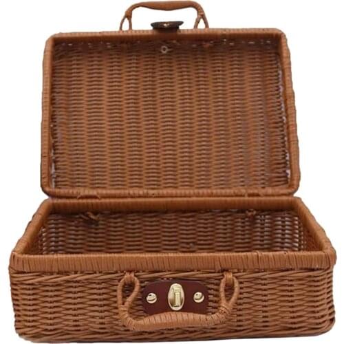 Picnic Basket,Woven Wicker Vintage Suitcase Woven Storage Basket Rattan Storage Case Picnic Weave Laundry Basket