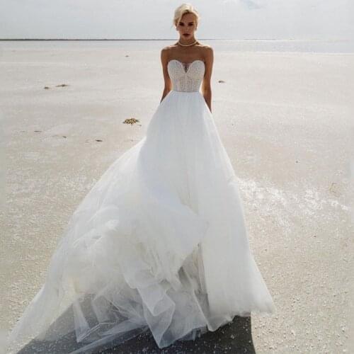 Eightree Sexy Princess Wedding Dresses White Sweetheart Pearls Bridal Dress Tulle A-Line Backless Beach Wedding Gowns Plus Size