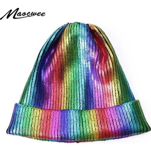 Autumn Winter Ins Gold Silver Purple Metallic Unisex Acrylic Knitted Beanie Cap Hat Skullies Girls Beanies Women Caps 2018 New