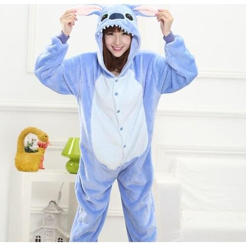 Blue Pink Stitch Animal Cosplay Costume Onesie Hoodie For Adult Women Men Halloween Holiday Party Flannel Full Length