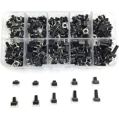 10 models 200pcs 6*6 Tact Switch Tactile Push Button Switch Kit, Height: 4.3MM~13MM DIP 4P micro switch 6x6 Key switch 6*6*5 mm