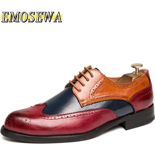 EMOSEWA Big Size 38-47 Men Oxfords Leather Shoes British Blue Shoes Handmade Breathble Formal Dress Men Flats Lace-Up Bullock