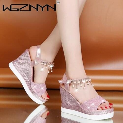 2021 NEW Summer Shoes for Woman Wedge Sandals Rhinestone Women Bling Peep Toe High Heels Sandals Ladies Footwear sandal platform