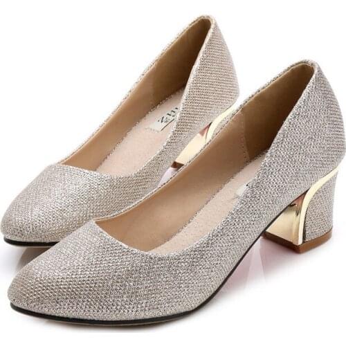 Womens shoes high heel shoes thick heel shallow sequins womens single shoes medium heel fat feet wide and large womens shoeld