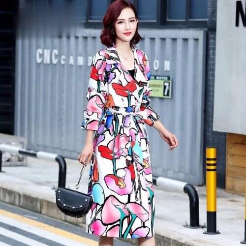 2021 Spring Autumn Trench Coat Women Long Sleeve Vintage Floral Windbreaker Casual Chic New Fashion Outwear for Female D188