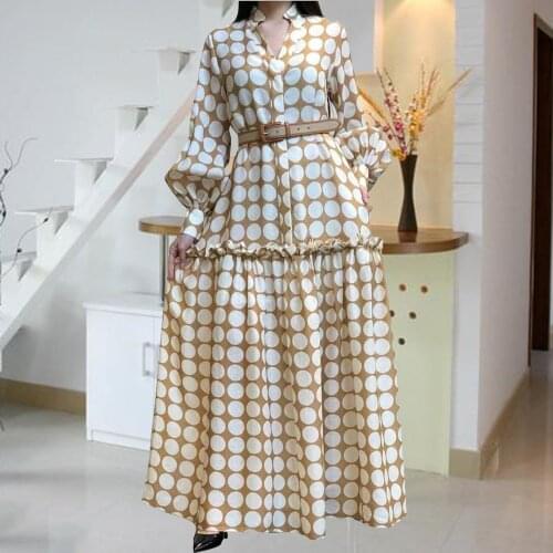 Muslim Sets White dots printing WaistbandAbaya Dubai African Design Loose Robe Gowns Lady Party American Clothing