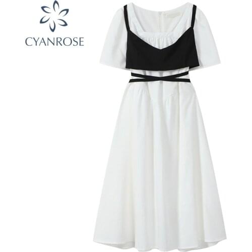 Women Casual Black Strap Vest And Blouse High Waist Short Sleeve Dress 2021 Summer Chic Fashion Korean Two Piece Dress Female