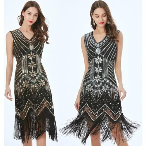 Summer Vintage Fashion A-line Sleeveless Knee-length V-neck Snowflake Tassel Red Black Silver Gold Sequin Women Dress 9976