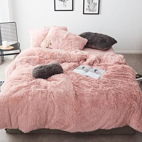 Pink White Fleece Fabric Winter Thick Pure Color Bedding Set Mink Velvet Duvet Cover King Bed sheet Bed Linen Pillowcases