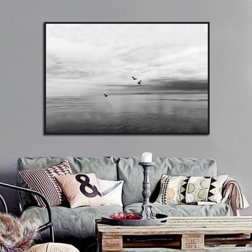 Abstract Wall Art Grey Lake Scenery Canvas Poster Print Flying Birds Landscape Painting Living Room Bedroom Corridor Decoration