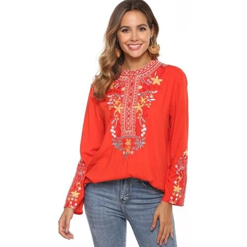 Le Luz Red Floral Embroidery Blouses Shirt Cotton Spring Boho Mexican Shirt Short Sleeve Plus Size 23xl Ethnic Hippie Shirt 2021