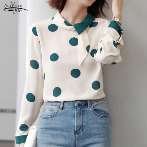 Spliced Polka Dot Long Sleeve Ribbon Collar Blouse Elegant Blended Chiffon Shirt 2021 Fall Stand Collar Pullover Top Woman 16501