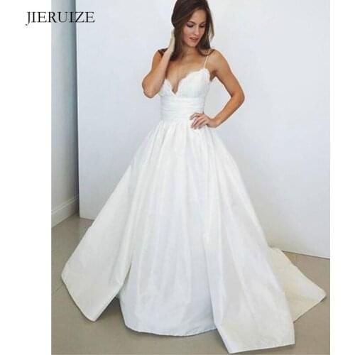 JIERUIZE White Taffeta Wedding Dresses Spaghetti Straps Lace Up Back Bride Dresses Wedding Gowns robe de mariee