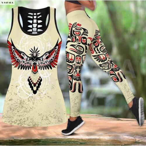 Haida Tattoo Culture Two Piece Yoga Set Women 3D Print Vest Hollow Out Tank Top High Waist Legging Summer Casual Sport