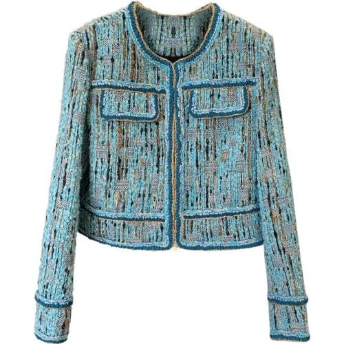 Womens Spring Autumn New Short Blue Jacket Slim Tweed Retro Coat Female