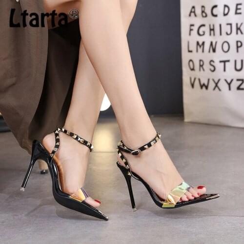 LTARTA Summer Plus Size Stiletto Womens Shoes 2021 Rivet High Heels Pointed Toe Open Toe High Heel Sandals Women JXQ